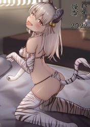 Rule 34 | 2022, akeome, animal ears, ass, bell, bikini, blurry, blurry background, chinese zodiac, depth of field, elbow gloves, fangs, from side, gloves, hair bell, hair ornament, happy new year, jingle bell, long hair, looking at viewer, looking to the side, nengajou, new year, on bed, original, paw pose, red eyes, smile, solo, sukoyasu r, swimsuit, tail, thighhighs, tiger, tiger ears, tiger stripes, tiger tail, tongue, tongue out, white gloves, white hair, white thighhighs, white tiger, year of the tiger