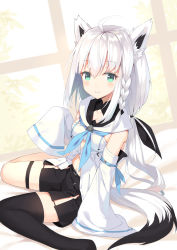 Rule 34 | 1girl, ahoge, aliter, animal ear fluff, animal ears, arm support, asymmetrical legwear, black shorts, black thighhighs, blue neckwear, blush, breasts, closed mouth, commentary, detached sleeves, fox ears, fox girl, fox tail, green eyes, hair between eyes, hand up, highres, hololive, long hair, long sleeves, medium breasts, shirakami fubuki, shirakami fubuki (1st costume), shirt, short shorts, shorts, silver hair, single thighhigh, sleeveless, sleeveless shirt, sleeves past fingers, sleeves past wrists, smile, solo, tail, thighhighs, uneven legwear, very long hair, virtual youtuber, white shirt, white sleeves, window