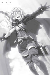 Rule 34 | 1girl, :d, artist name, asymmetrical sleeves, belt, belt buckle, black gloves, blush, boots, bow (weapon), buckle, cape, dutch angle, elf, closed eyes, facing viewer, floating hair, from below, gloves, goblin slayer!, greyscale, groin, high elf archer (goblin slayer!), highres, kannatsuki noboru, long hair, monochrome, navel, novel illustration, official art, open mouth, outstretched arms, outstretched hand, pointy ears, ponytail, short shorts, shorts, smile, solo, standing, thigh boots, thighhighs, uneven sleeves, very long hair, weapon, zettai ryouiki