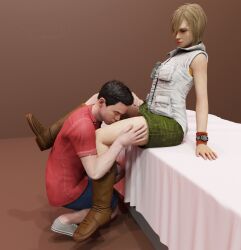Rule 34 | 1boy, 1girl, 3d, artist request, bed, bedroom, blonde hair, boots, character request, green skirt, heather mason, jacket, kissing thigh, leather, leather boots, legs, short hair, silent hill, silent hill (series), silent hill 3, sitting, skirt, sleeveless, sleeveless turtleneck, smile, source request, thigh grab, thighs, turtleneck, vest, watch