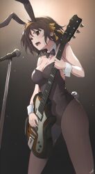 Rule 34 | 1girl, absurdres, animal ears, bare shoulders, breasts, brown corset, brown eyes, brown hair, cleavage, corset, electric guitar, feint721, guitar, hair ornament, hair ribbon, highres, instrument, leotard, medium breasts, microphone, microphone stand, music, open mouth, pantyhose, playboy bunny, playing instrument, rabbit ears, rabbit hair ornament, rabbit tail, ribbon, singing, solo, standing, suzumiya haruhi, suzumiya haruhi no yuuutsu, sweat, tail