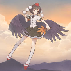 Rule 34 | 1girl, aoyagi neko, bad id, bad pixiv id, bird wings, black hair, black wings, camera, hand fan, flying, geta, hat, hat ribbon, highres, open mouth, pom pom (clothes), puffy short sleeves, puffy sleeves, red eyes, revision, ribbon, shameimaru aya, shirt, short sleeves, skirt, sky, smile, solo, sunset, tokin hat, touhou, wings