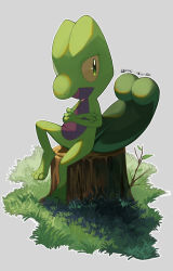Rule 34 | absurdres, ame akira, colored sclera, commentary request, creatures (company), crossed arms, full body, game freak, gen 3 pokemon, grass, grey background, highres, leaf, leg up, nintendo, no humans, outline, pokemon, pokemon (creature), sitting, solo, tree stump, treecko, yellow sclera
