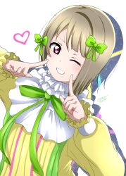 Rule 34 | 1girl, absurdres, blush, bow, commentary request, dress, dutch angle, fingers to cheeks, frilled sleeves, frills, green bow, grey hair, hair bow, heart, highres, long sleeves, looking at viewer, love live!, love live! nijigasaki high school idol club, mutekikyuu believer, nakasu kasumi, one eye closed, purple eyes, short hair, smile, solo, surv1v3-13005993, upper body, white background, yellow dress