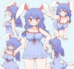 Rule 34 | 1girl, animal ears, arinu, barefoot, blue background, blue dress, blue hair, blush, breasts, cleavage, closed mouth, collarbone, commentary request, dress, duplicate, fingernails, hair between eyes, highres, large breasts, lingerie, long hair, multiple views, negligee, one eye closed, open mouth, pixel-perfect duplicate, rabbit ears, rabbit tail, red eyes, seiran (touhou), simple background, smile, tail, touhou, translation request, underwear, yawning