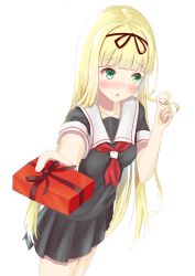 Rule 34 | 1girl, absurdres, black ribbon, black serafuku, black skirt, blonde hair, commentary request, cowboy shot, gift, green eyes, hair ribbon, highres, holding, holding own hair, kantai collection, long hair, looking to the side, neckerchief, pleated skirt, pov, red neckerchief, ribbon, school uniform, serafuku, simple background, skirt, solo, standing, straight hair, white background, yuudachi (kancolle), zuki