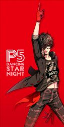 Rule 34 | 10s, 1boy, amamiya ren, black hair, glasses, gloves, headphones, highres, looking at viewer, male focus, persona, persona 5, persona 5: dancing star night, persona dancing, persona dancing night, red background, red gloves, short hair, smile, solo