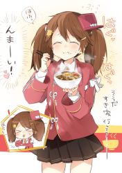 Rule 34 | !, &gt; &lt;, 10s, 1girl, :t, black skirt, blush, bowl, brown hair, chopsticks, collared shirt, cowboy shot, cut-in, eating, egg yolk, closed eyes, flying sweatdrops, food, food on face, foodgasm, gyuudon, heart, highres, holding, kantai collection, long hair, multiple views, pleated skirt, ryuujou (kancolle), shirt, sino (sionori), skirt, steam, sweat, tongue, tongue out, translation request, twintails, white shirt, wing collar