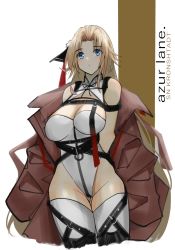 Rule 34 | 1girl, absurdres, alternate costume, arms behind back, azur lane, bdsm, blonde hair, blue eyes, blush, bondage, bound, breasts, character name, cleavage, closed mouth, clothes pull, copyright name, cropped legs, hair ribbon, harness, highres, jacket, jacket pull, kronshtadt (azur lane), large breasts, leotard, long hair, looking at viewer, phantasmaliagon, red jacket, ribbon, simple background, solo, standing, thighhighs, very long hair, white leotard, white thighhighs