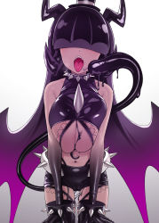 Rule 34 | 1girl, bare shoulders, black hair, black shorts, blunt bangs, bracelet, breasts, breasts squeezed together, collar, commentary request, gradient hair, hat, highres, jewelry, large breasts, leaning forward, long hair, midriff, mini hat, monster girl, multicolored hair, open mouth, original, purple hair, satou kuuki, shorts, slime (substance), slime girl, solo, spiked belt, spiked bracelet, spiked collar, spikes, star (symbol), tail, tongue, top hat, underboob