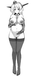 Rule 34 | 1girl, absurdres, between breasts, big belly, blush, braid, breasts, closed mouth, colorado (kancolle), commentary request, full body, garrison cap, gloves, greyscale, groin, hands on own stomach, hat, headgear, highres, kantai collection, kokutou nikke, large breasts, looking at viewer, monochrome, navel, necktie, necktie between breasts, nipples, no pussy, no shoes, nude, pregnant, simple background, smile, solo, standing, stomach, thighhighs, white background