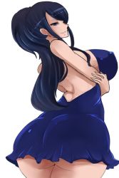 Rule 34 | 1girl, artist request, ass, bare shoulders, black hair, blue eyes, breasts, covered erect nipples, gluteal fold, huge ass, large breasts, long hair, looking at viewer, looking back, nico robin, one piece, parted lips, simple background, smile, solo, white background