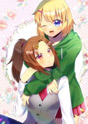 Rule 34 | 2girls, ;d, arms around neck, blonde hair, blue eyes, blue pants, brown hair, commentary request, commission, drawstring, floral background, green jacket, grey shirt, grey vest, hair ornament, hairclip, hood, hood down, hooded jacket, hug, hug from behind, jacket, kou hiyoyo, long hair, multiple girls, necktie, one eye closed, open mouth, original, pants, parted bangs, pleated skirt, ponytail, red eyes, red necktie, red skirt, shirt, skeb commission, skirt, smile, striped background, vest, white background, white shirt, yuri