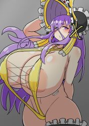 Rule 34 | 1girl, areola slip, bikini, blush, breasts, character request, chestnut mouth, female focus, gigantic breasts, grey background, hat, highres, large areolae, long hair, matching hair/eyes, nishiki (artist), purple eyes, purple hair, shiny skin, sidelocks, slingshot swimsuit, solo, swimsuit, thick thighs, thighhighs, thighs, wide sleeves, yellow bikini