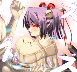 Rule 34 | 1boy, 1girl, aura, bat wings, breasts, censored, demon girl, hetero, horns, large breasts, lilith (mon-musu quest: paradox), magic, mosaic censoring, naughty face, nipple slip, nipples, open mouth, original, paizuri, paizuri under clothes, penis, penis under another&#039;s clothes, purple hair, red eyes, ribbed sweater, shiki (psychedelic g2), short hair, simple background, smile, sweater, text focus, wings