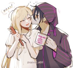 Rule 34 | 1boy, 1girl, :d, alternate costume, barry nah, closed eyes, coffee cup, collarbone, comb, cup, danganronpa (series), danganronpa 2: goodbye despair, disposable cup, dress, english text, grey background, grey dress, hand up, happy, hetero, highres, holding, holding comb, holding cup, kiss, lower teeth only, open mouth, pajamas, scar, scar across eye, scar on face, shirt, short sleeves, simple background, smile, sonia nevermind, speech bubble, striped clothes, striped headwear, striped shirt, tanaka gundham, teeth, translation request, twitter username