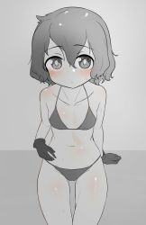 Rule 34 | 1girl, absurdres, bikini, blush, breasts, chis (js60216), closed mouth, commentary request, frown, gloves, gluteal fold, greyscale, halterneck, hand on own stomach, highres, kemono friends, looking at viewer, monochrome, short hair, sitting, small breasts, solo, spot color, string bikini, sweat, swimsuit, wavy hair