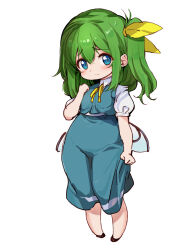 Rule 34 | 1girl, ase (nigesapo), blue dress, blue eyes, blush, breasts, chibi, closed mouth, commentary request, daiyousei, dress, fairy wings, full body, furrowed brow, green hair, hair between eyes, hand on own chest, hand up, highres, light frown, long hair, looking at viewer, one side up, pigeon-toed, puffy short sleeves, puffy sleeves, short sleeves, simple background, skirt, skirt tug, small breasts, solo, standing, touhou, white background, wings