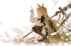 Rule 34 | 1girl, animal ears, arknights, brown eyes, brown hair, ceobe (arknights), crumpled paper, highres, knife, long hair, paper, polearm, profile, shuaigegentou, solo, spear, squatting, staff, sword, thighhighs, very long hair, weapon, white background
