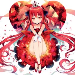 Rule 34 | 1girl, absurdres, black ribbon, blush, choker, closed mouth, collarbone, crossed arms, crown, crystal, dress, full body, gem, gloves, hair ribbon, heart, heart o-ring, high heels, highres, crossed legs, long hair, looking at viewer, no socks, original, petals, red dress, red footwear, red hair, ribbon, shoes, sleeveless, sleeveless dress, smile, solo, two side up, very long hair, wasabi (sekai), white background, white gloves