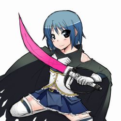 Rule 34 | 10s, 1girl, bad id, bad pixiv id, bare shoulders, blue eyes, blue hair, blush, cape, gloves, magical girl, mahou shoujo madoka magica, mahou shoujo madoka magica (anime), miki sayaka, short hair, simple background, skirt, smile, solo, sword, tamane, thighhighs, weapon, white background