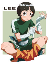 Rule 34 | 1boy, bandages, barefoot sandals (jewelry), black hair, blush, bowl cut, character name, headgear, indian style, leg warmers, looking at viewer, male focus, naruto, naruto (series), parted lips, rock lee, sitting, solo, square, sweat, walrus-ruin