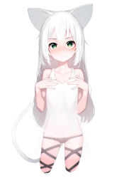 Rule 34 | 1girl, absurdres, animal ears, arknights, beudelb, black panties, blush, cat ears, cat girl, cat tail, collarbone, commentary, cowboy shot, cropped legs, green eyes, hands up, highres, korean commentary, long hair, looking at viewer, multiple straps, panties, rosmontis (arknights), simple background, straight-on, tail, tank top, thigh strap, underwear, white background, white hair, white tank top