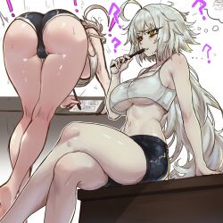Rule 34 | !, 1girl, ?, absurdres, ahoge, ass, bare legs, bare shoulders, barefoot, bent over, black shorts, breasts, crop top, crop top overhang, crossed legs, drawing, ebora, fate/grand order, fate (series), grey hair, highres, holding, holding pen, jeanne d&#039;arc alter (fate), kneepits, large breasts, long hair, multiple views, navel, pen, short shorts, shorts, sweatdrop, thought bubble, underboob, very long hair, yellow eyes