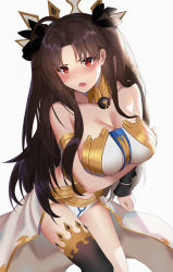 Rule 34 | 1girl, arm under breasts, armlet, asymmetrical legwear, asymmetrical sleeves, bare shoulders, bikini, black bow, black hair, blush, bow, breasts, cleavage, collarbone, detached collar, detached sleeves, earrings, fate/grand order, fate (series), hair bow, henz, highres, ishtar (fate), jewelry, large breasts, long hair, looking at viewer, navel, neck ring, open mouth, parted bangs, red eyes, simple background, single detached sleeve, single thighhigh, solo, swimsuit, thighhighs, thighs, tiara, two side up, uneven legwear, uneven sleeves, white background, white bikini