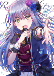 Rule 34 | 1girl, absurdres, back bow, bang dream!, blue flower, blue rose, bow, chain, chromatic aberration, corsage, corset, epaulettes, flower, grey hair, hair flower, hair ornament, highres, holding, holding microphone, long hair, looking at viewer, mia (fai1510), microphone, microphone stand, minato yukina, open mouth, outstretched hand, purple flower, purple rose, rose, short sleeves, skirt, solo, upper body, v-shaped eyebrows, water drop, wrist cuffs, yellow eyes