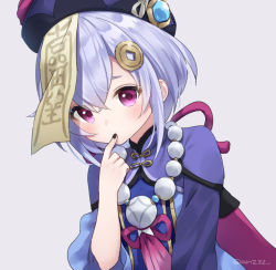 Rule 34 | 1girl, bad id, bad pixiv id, bead necklace, beads, black nails, blue dress, closed mouth, commentary request, cropped jacket, dress, eyebrows hidden by hair, finger to mouth, genshin impact, grey background, hair between eyes, hair ornament, hand up, hat, jacket, jewelry, long sleeves, looking at viewer, nail polish, necklace, ofuda, purple eyes, purple hair, purple hat, purple jacket, qingdai guanmao, qiqi (genshin impact), romaji commentary, simple background, solo, twitter username, upper body, wide sleeves, yumoran