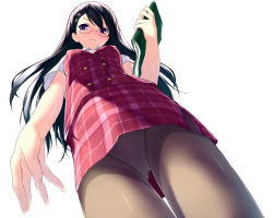 Rule 34 | 1girl, angry, black hair, blush, book, brown pantyhose, buttons, dutch angle, embarrassed, foreshortening, from below, frown, glasses, hair ornament, hairclip, highres, holding, holding book, kantoku, long hair, looking at viewer, looking down, looking up, miniskirt, miyaguchi hiromi, note, office lady, original, panties, panties under pantyhose, pantyhose, pantyshot, pince-nez, plaid, purple eyes, simple background, skirt, solo, source request, standing, thigh gap, thighband pantyhose, thighs, underwear, upskirt, vest