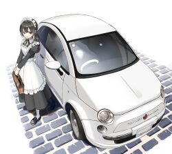 Rule 34 | 1girl, absurdres, apron, bag, black dress, black footwear, black hair, brick floor, car, commentary request, commission, dress, fiat, fiat 500, full body, highres, holding, holding bag, license plate, loafers, long hair, long sleeves, low ponytail, maid, maid apron, maid headdress, motor vehicle, original, puffy long sleeves, puffy sleeves, shadow, shii (kairi-t-k0317), shoes, skeb commission, socks, solo, standing, vehicle focus, white socks