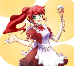 Rule 34 | 1girl, apron, cream, dress, earrings, female focus, green eyes, iesupa, jewelry, long hair, looking at viewer, maid, maid apron, ponytail, pyrrha nikos, red dress, red hair, rwby, solo, whisk