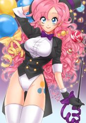 Rule 34 | 1girl, artist name, asymmetrical bangs, balloon, bartolomeus90, blue eyes, bow, bowtie, breasts, buttons, candy, collared shirt, cowboy shot, curly hair, cutie mark, dated, eyebrows, eyelashes, food, gloves, groin, hat, holding, large breasts, lips, lipstick, lollipop, long hair, magician, makeup, my little pony, my little pony: friendship is magic, personification, pink hair, pinkie pie, puffy sleeves, ribbon, shirt, smile, solo, star (symbol), thighhighs, top hat, wand, watermark