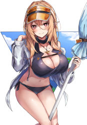 Rule 34 | 1girl, bare shoulders, beach umbrella, between legs, bikini, black bikini, blonde hair, blush, breasts, bright pupils, cleavage, closed mouth, closed umbrella, collarbone, elf, feet out of frame, hasumushi, hat, highres, holding, jacket, jewelry, large breasts, leaning forward, long hair, long sleeves, looking at viewer, navel, necklace, off shoulder, open clothes, open jacket, orange hat, original, pointy ears, red eyes, smile, solo, standing, swimsuit, symbol-shaped pupils, umbrella, visor cap, white jacket