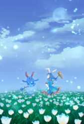 Rule 34 | 1girl, animal ears, azumarill, blue dress, blue hair, blue sky, cloud, cloudy sky, colored skin, creatures (company), crescent, crescent print, day, dress, field, flower, flower field, forgotten artist, frilled dress, frilled sleeves, frills, game freak, gen 2 pokemon, hand on own hip, jumping, kine, light particles, mallet, moon, nintendo, pokemon, pokemon (creature), puffy short sleeves, puffy sleeves, rabbit ears, red eyes, seiran (touhou), short sleeves, sky, star (symbol), star print, touhou, white flower, white skin