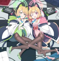 Rule 34 | 2girls, alternate costume, animal ear headphones, animal ears, black pantyhose, blonde hair, blue archive, blue necktie, blurry, bow, cat ear headphones, copyright name, depth of field, detached collar, english text, engrish text, fake animal ears, from above, full body, green bow, green footwear, green leotard, hair bow, halo, handheld game console, headphones, high heels, highres, hoshino ouka, indoors, jacket, leotard, long sleeves, looking at viewer, lying, medium hair, midori (blue archive), momoi (blue archive), multiple girls, necktie, no shoes, on back, one eye closed, open clothes, open jacket, open mouth, pantyhose, pink bow, pink footwear, pink leotard, playboy bunny, ranguage, shoes, siblings, sisters, smile, strapless, strapless leotard, tile floor, tiles, twins, unworn shoe, unworn shoes, wide sleeves