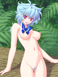 Rule 34 | 1girl, blue hair, breasts, bug, butterfly, censored, cleft of venus, colored pubic hair, convenient censoring, day, female pubic hair, bug, jungle, medium breasts, miyama amehiko, nature, nipples, nude, original, outdoors, perky breasts, pubic hair, purple eyes, solo, uncensored, zenra