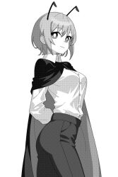 Rule 34 | 1girl, antennae, arms behind back, breasts, buttons, cape, collared shirt, cowboy shot, long sleeves, medium breasts, monochrome, onkn sxkn, pants, shirt, short hair, smile, solo, touhou, wriggle nightbug