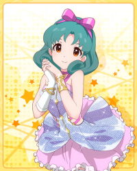 Rule 34 | 10s, 1girl, bracelet, brown hair, card (medium), choker, fingerless gloves, gloves, green hair, hair ribbon, hairband, idolmaster, idolmaster million live!, jewelry, looking at viewer, lots of jewelry, million dreams (idolmaster), official art, own hands clasped, own hands together, ribbon, single glove, skirt, smile, tokugawa matsuri