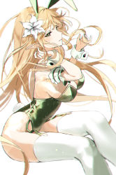 Rule 34 | 1girl, absurdres, animal ears, blonde hair, breasts, cleavage, crossed legs, dungeon and fighter, elven knight (dungeon and fighter), fake animal ears, flower, from side, garter straps, green eyes, green leotard, hair flower, hair ornament, highleg, highleg leotard, highres, kirari (kira rin9), knight (dungeon and fighter), large breasts, leaning forward, leotard, playboy bunny, pointy ears, rabbit ears, rabbit tail, sitting, sleeve cuffs, solo, tail, thighhighs, white thighhighs