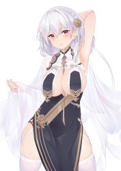Rule 34 | 1girl, absurdres, arm up, azur lane, blush, braid, breast curtains, breasts, china dress, chinese clothes, clark (159123), dress, flower, garter straps, hair between eyes, hair ornament, highres, large breasts, looking at viewer, neckwear between breasts, pelvic curtain, red eyes, revealing clothes, see-through, short hair, side braid, simple background, sirius (azur lane), sirius (azure horizons) (azur lane), solo, thighhighs, white background, white hair, white thighhighs