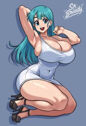 Rule 34 | 1girl, absurdres, alternate breast size, arm up, armpits, bare legs, blue eyes, blue hair, breasts, bulma, cleavage, covered navel, curvy, dragon ball, female focus, full body, high heels, highres, huge breasts, long hair, looking at viewer, matching hair/eyes, no bra, open mouth, shiny skin, skindentation, solo, srbready, thick thighs, thighs, wide hips