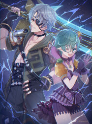 Rule 34 | 1boy, 1girl, ;d, black choker, black coat, black gloves, black pants, bra, breasts, choker, cleavage, coat, core crystal (xenoblade), electricity, eyepatch, fingerless gloves, gloves, green eyes, green hair, grey eyes, grey hair, grin, highres, holding, holding sword, holding weapon, jacket, looking at viewer, one eye closed, open mouth, over shoulder, pandoria (xenoblade), pants, pointy ears, purple bra, purple gloves, purple jacket, purple shorts, remaco, round eyewear, short hair, shorts, smile, sword, teeth, turters (xenoblade), turtle, underwear, upper teeth only, weapon, weapon over shoulder, xenoblade chronicles (series), xenoblade chronicles 2, zeke von genbu (xenoblade)
