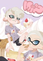 Rule 34 | 2boys, :q, aqua eyes, black shorts, blue eyes, cake, commentary request, cream, cupcake, eating, food, grey shirt, highres, inkling, inkling (language), inkling boy, inkling player character, io chan64, male focus, mohawk, multiple boys, nintendo, octoling, octoling boy, octoling player character, pointy ears, print shirt, purple background, shirt, short hair, short shorts, shorts, simple background, sitting, solo, splatoon (series), splatoon 3, strawberry shortcake, tentacle hair, thick eyebrows, tongue, tongue out, white hair