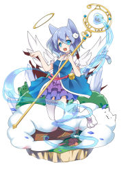 Rule 34 | 1girl, :3, :d, angel wings, animal ears, aqua eyes, aqua hair, bad id, bad pixiv id, bell, cat ears, cat hair ornament, cat tail, choker, cloud, fangs, frilled skirt, frills, hair ornament, halo, holding, looking at viewer, nyori, open mouth, original, paw pose, short hair, simple background, skirt, smile, solo, staff, tail, thighhighs, water, white background, white thighhighs, wings, zettai ryouiki