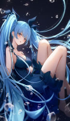 Rule 34 | 1girl, absurdres, air bubble, ame 816, bare arms, bare legs, bare shoulders, black ribbon, blue dress, blue eyes, blue hair, blush, breasts, bubble, cleavage, dress, feet out of frame, floating hair, frilled dress, frills, hair ribbon, hatsune miku, highres, knees up, long hair, looking at viewer, medium breasts, parted lips, ribbon, shinkai shoujo (vocaloid), sleeveless, sleeveless dress, solo, twintails, underwater, vocaloid, water