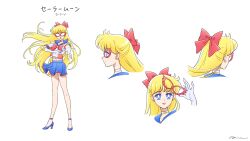 Rule 34 | 1girl, aino minako, bishoujo senshi sailor moon, blonde hair, blue eyes, blue footwear, blue sailor collar, blue skirt, bow, bowtie, character sheet, choker, codename wa sailor v, commentary, crescent, crescent choker, crescent facial mark, domino mask, ear piercing, english commentary, facial mark, from behind, from side, full body, hair bow, high heels, highres, long hair, mask, midriff, multiple views, navel, open mouth, piercing, profile, red bow, red bowtie, sailor collar, sailor v, sidney deng, simple background, skirt, standing, upper body, white background, white choker