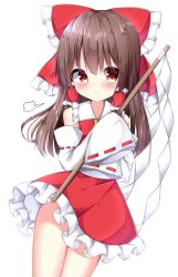 Rule 34 | 1girl, blush, bow, brown hair, closed mouth, commentary request, detached sleeves, gohei, hair bow, hair tubes, hakurei reimu, highres, long hair, red bow, red eyes, red skirt, sabana, simple background, skirt, sleeves past fingers, sleeves past wrists, solo, touhou, white background, wide sleeves